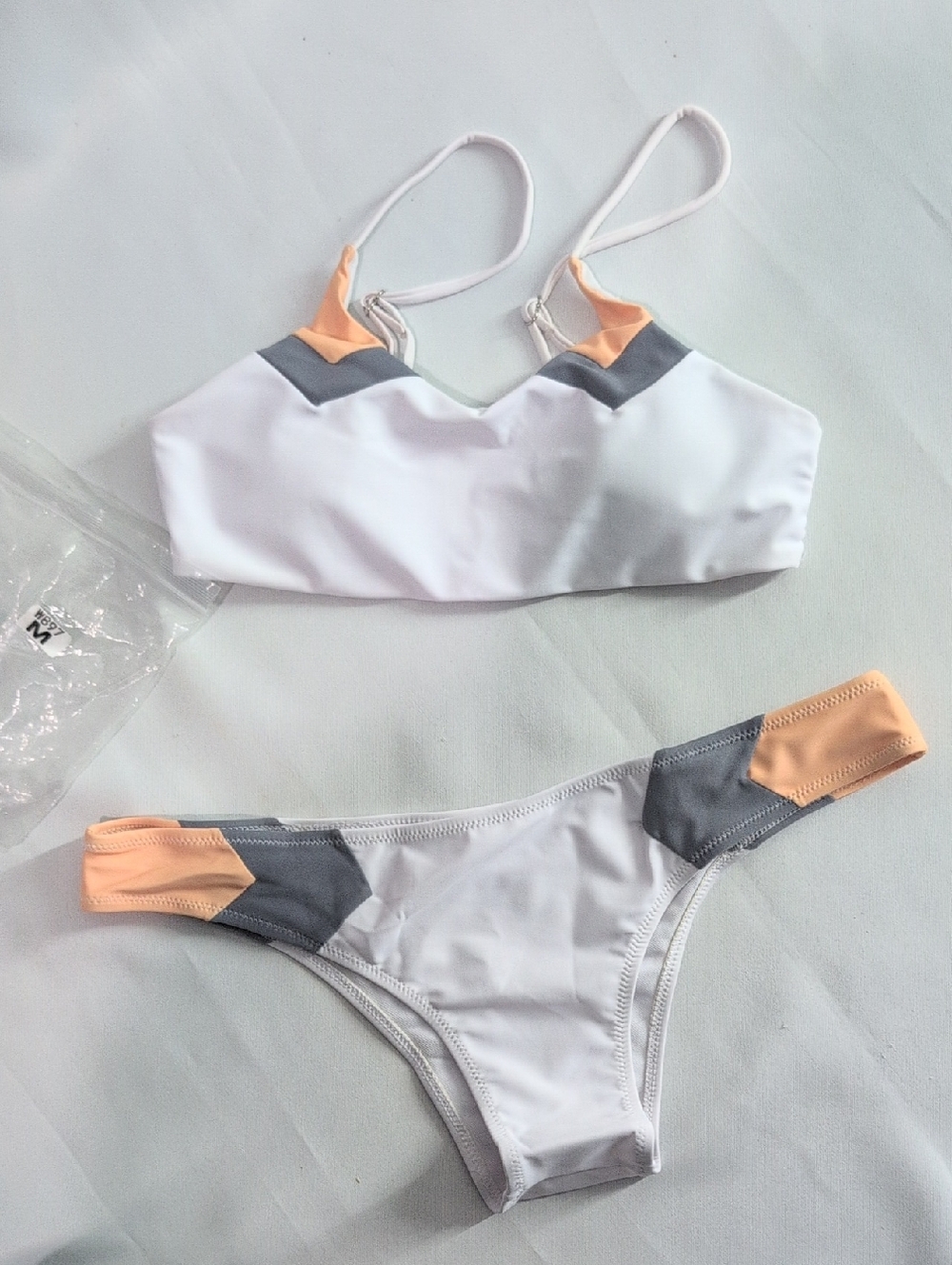 White Bikini with Peach and Gray Accents
